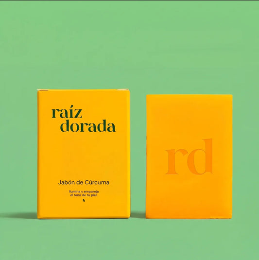 Jabón de cúrcuma Raíz Dorada con su caja